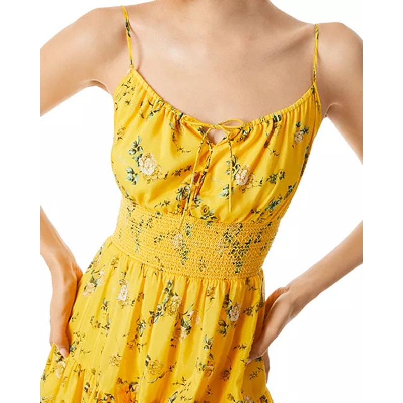 Alice + Olivia Lai Smocked Floral cotton Silk voile mini dress Yellow