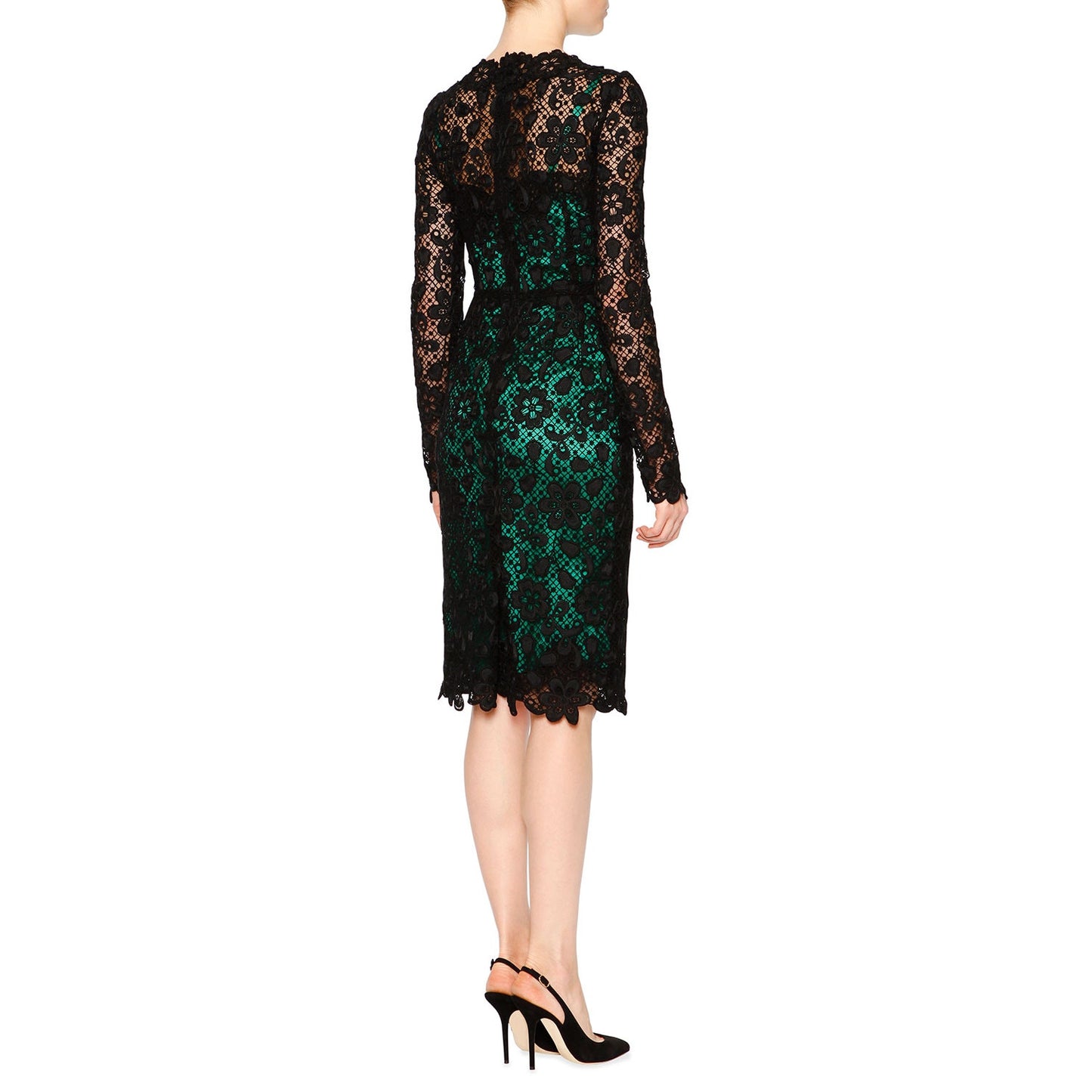 Dolce & Gabbana Black Green Long-Sleeve Lace Dress Contrast Slip