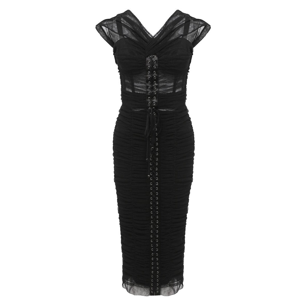 NWT Dolce & Gabbana Black lace-up corset midi Tulle Ruched Bustier Dress 40 S
