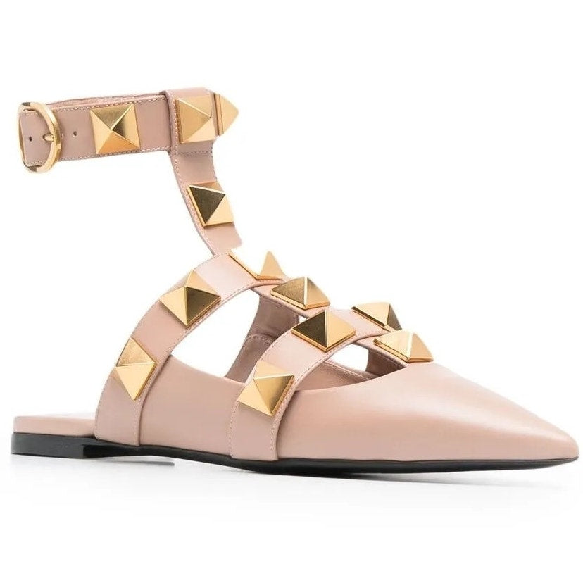 Valentino Garavani Beige Roman Stud Ballerina Flat Ankle Strap 36
