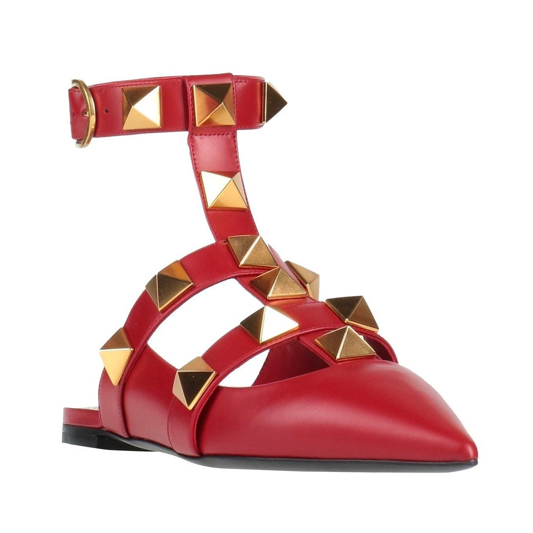 Valentino Garavani Red Roman Stud Flat Leather Ankle Strap Gold 35