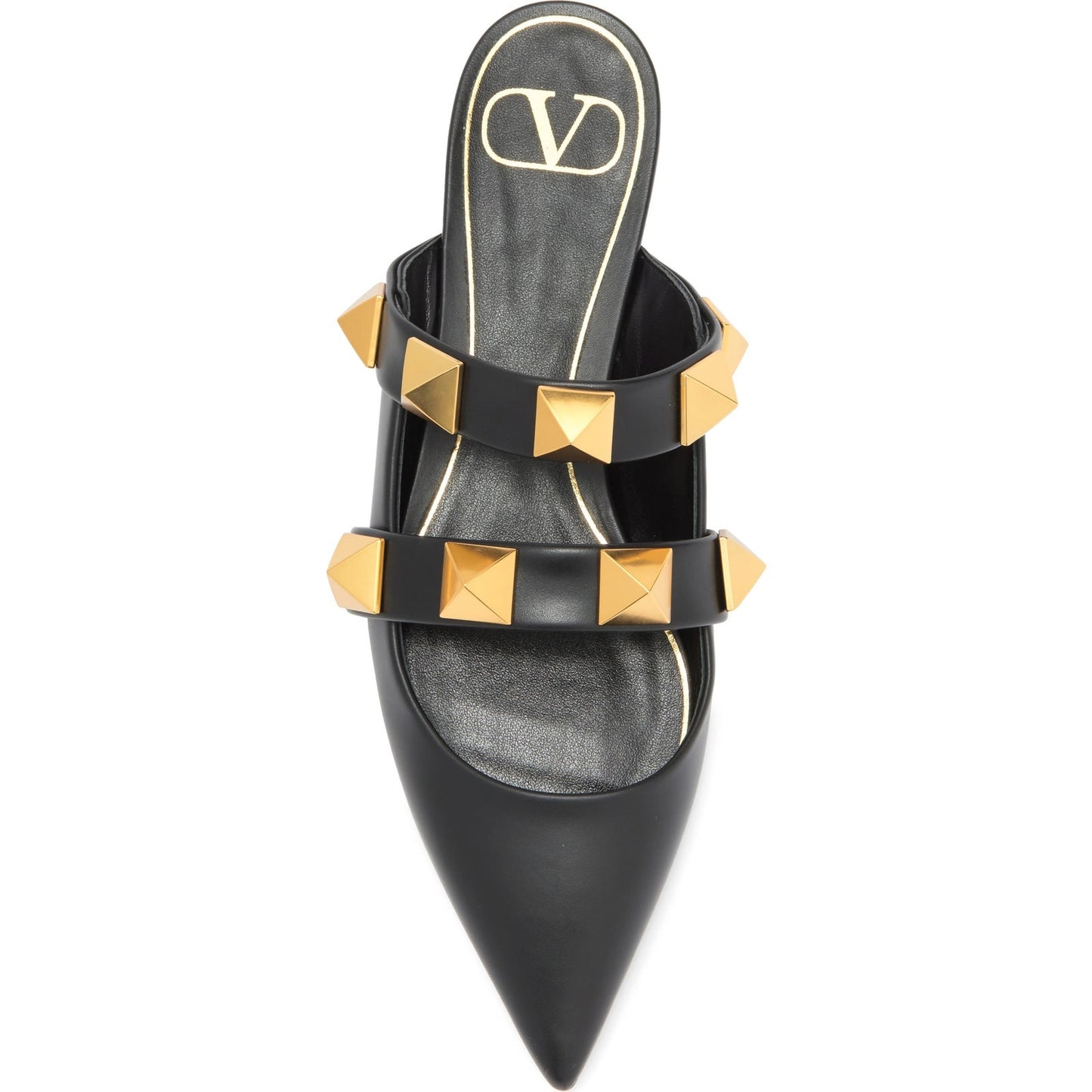 Valentino Garavani Black Roman Stud Flat Leather Mules Gold