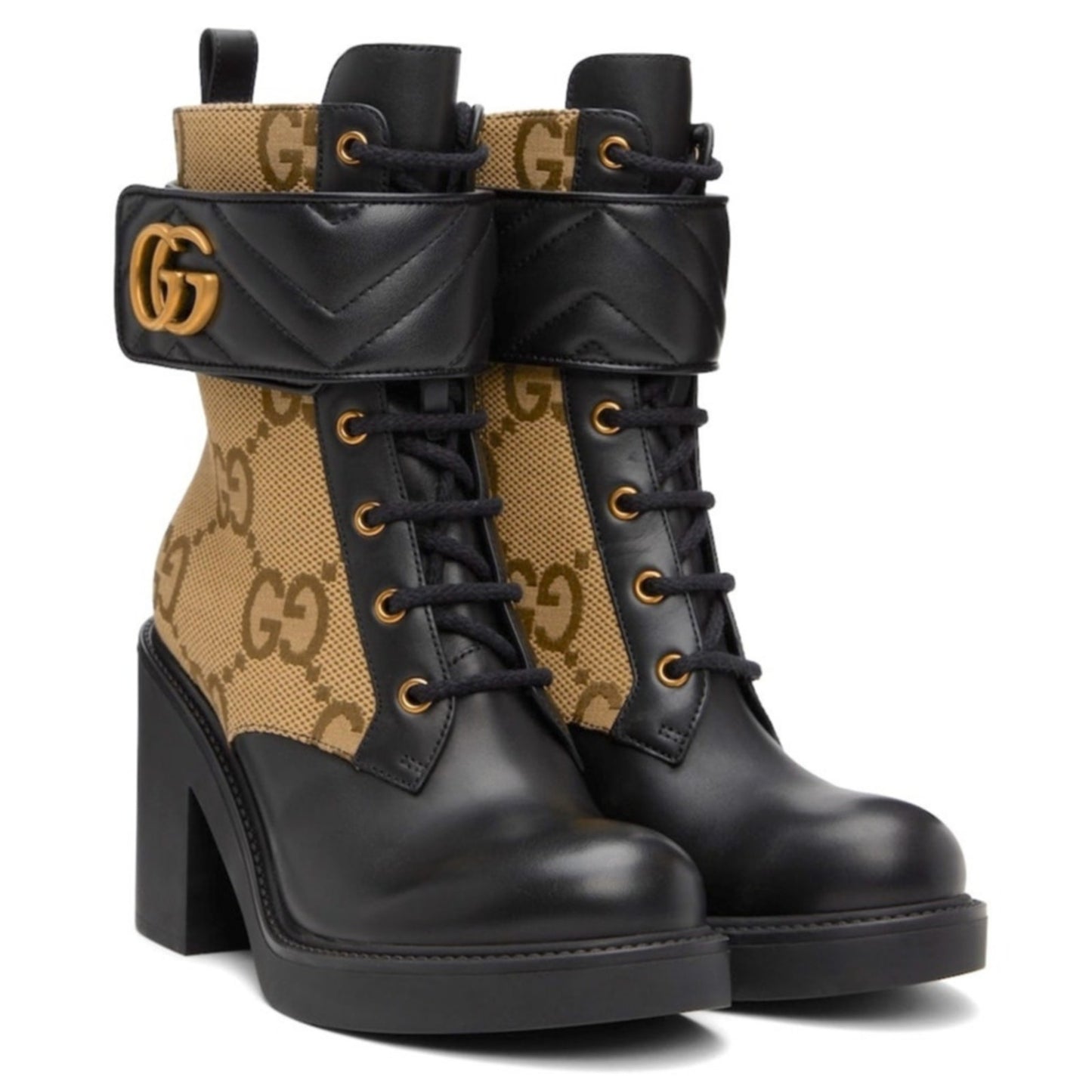Gucci Beige & Black GG Marmont Combat Ankle Boots  Leather Canvas