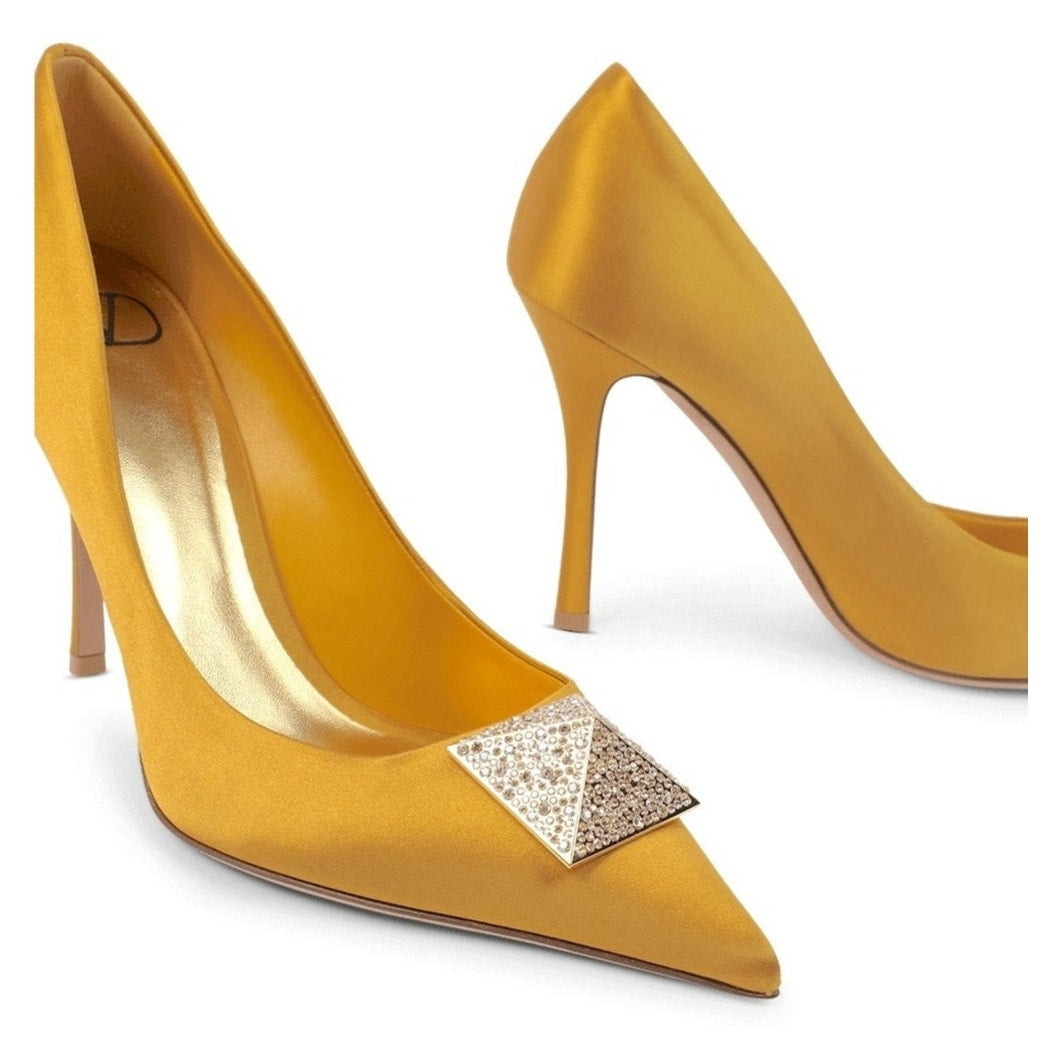 Valentino Garavani Yellow Crystal One Stud Pointed-toe Satin Pumps 39.5