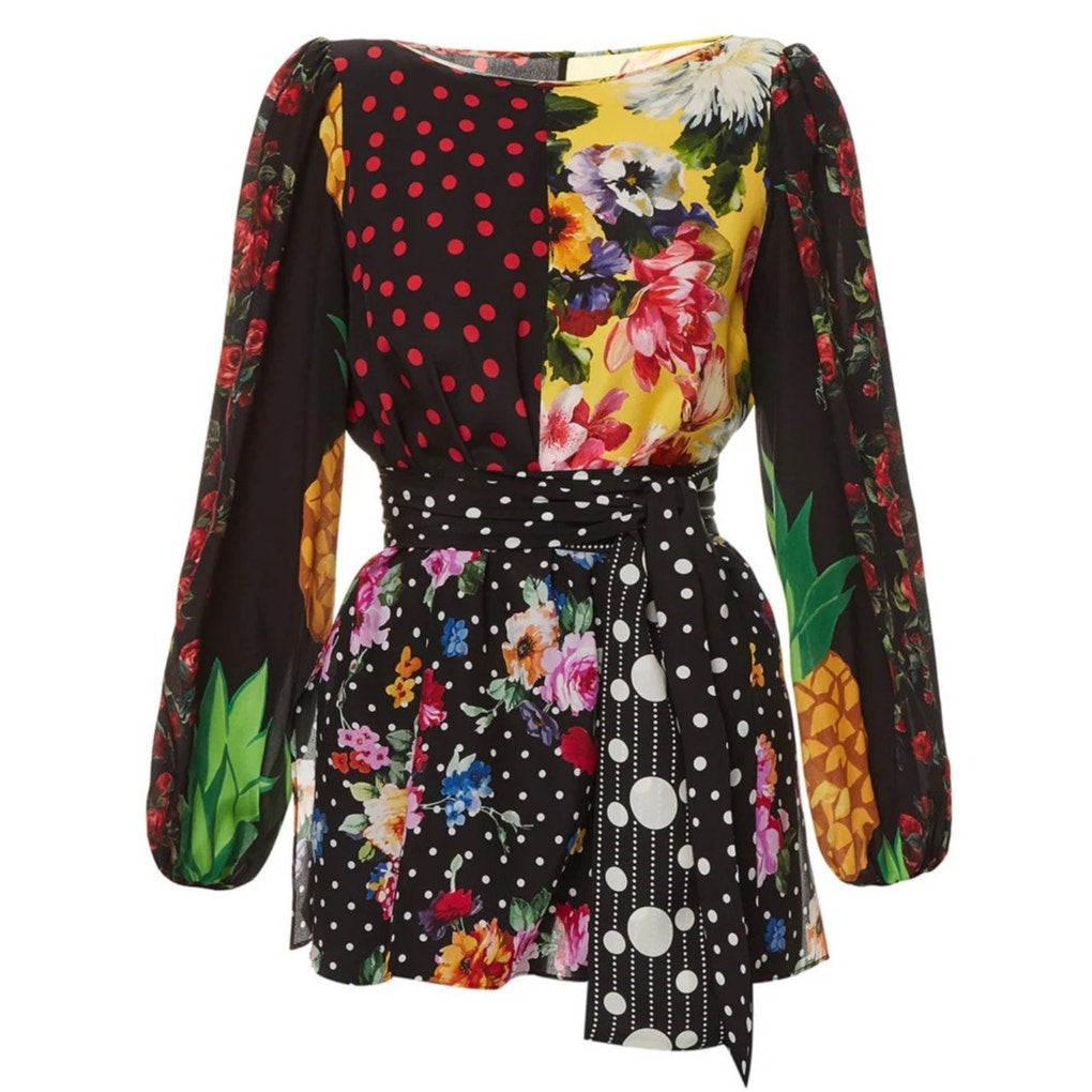 NWT DOLCE & GABBANA Printed Patchwork Blouse Belted Multicolor IT 38 XS