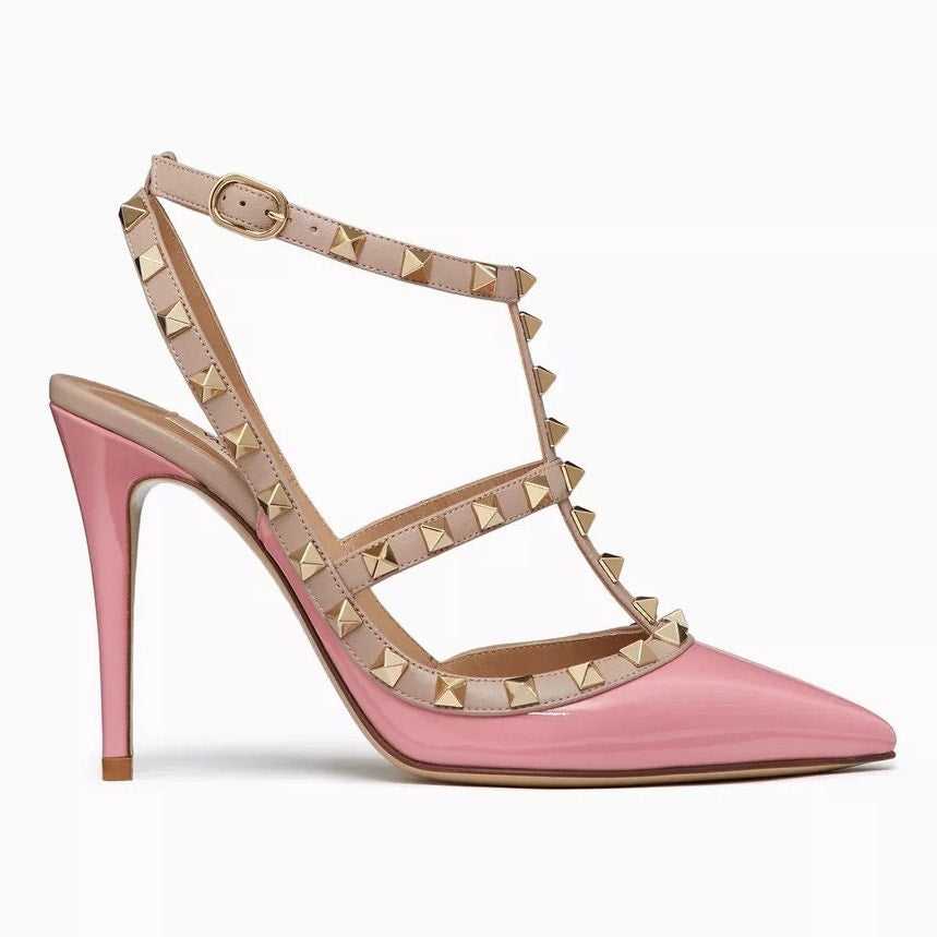 Valentino Garavani Rockstud 100 Caged Leather Pumps Pink Tan  37.5