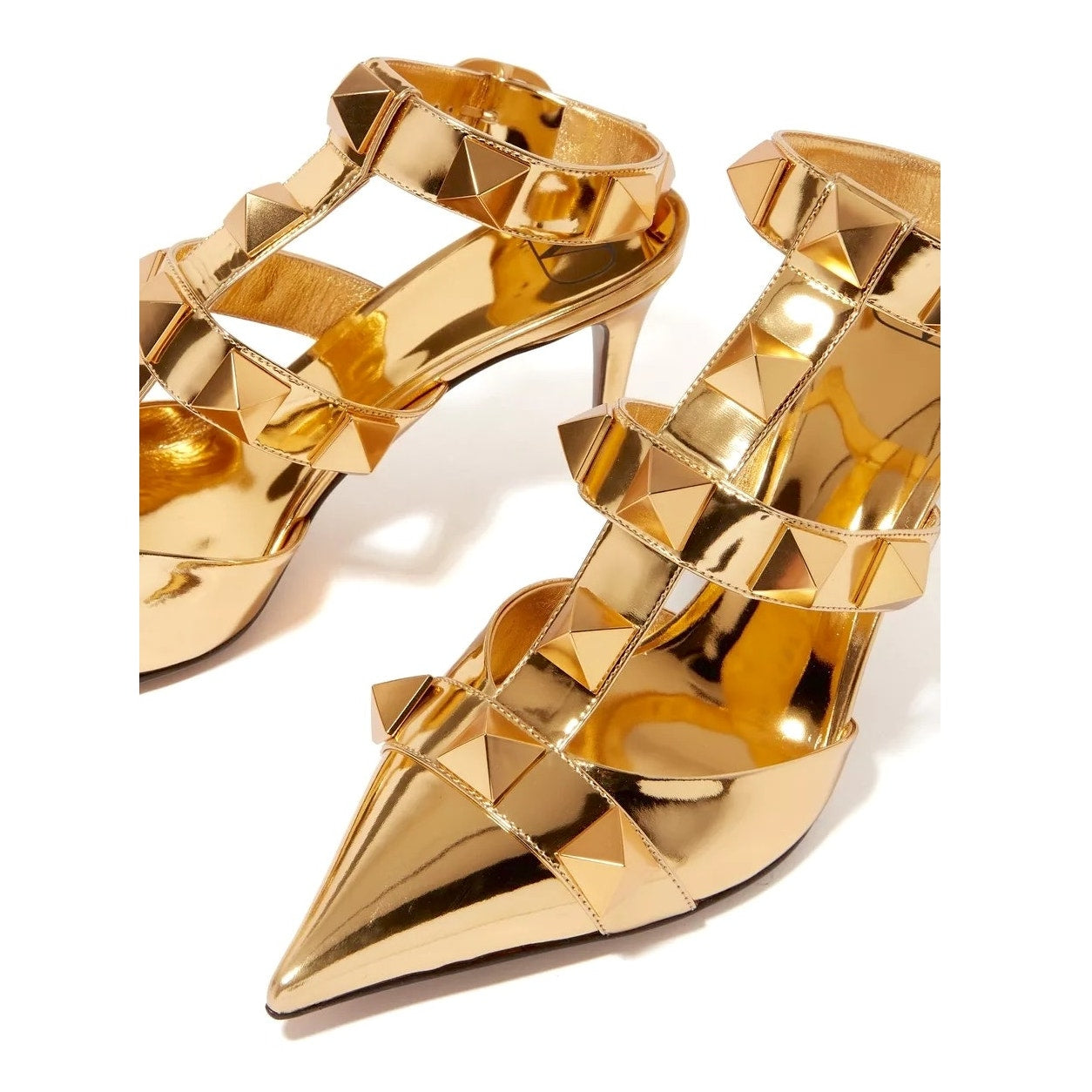 Valentino Garavani Gold Roman Stud Ankle Strap Leather Pumps