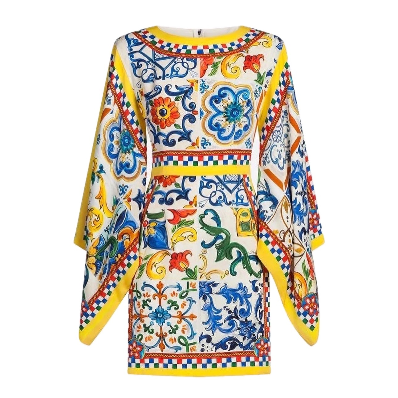 NWT Dolce & Gabbana White Yellow Majolica print Silk Charmeuse Dress IT 40 S