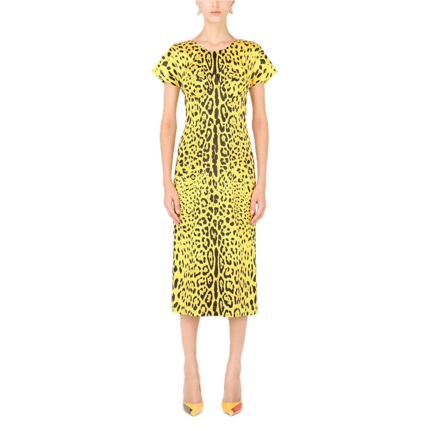 NWT Dolce & Gabbana Yellow Leopard-Print Midi Satin Dress 40 S