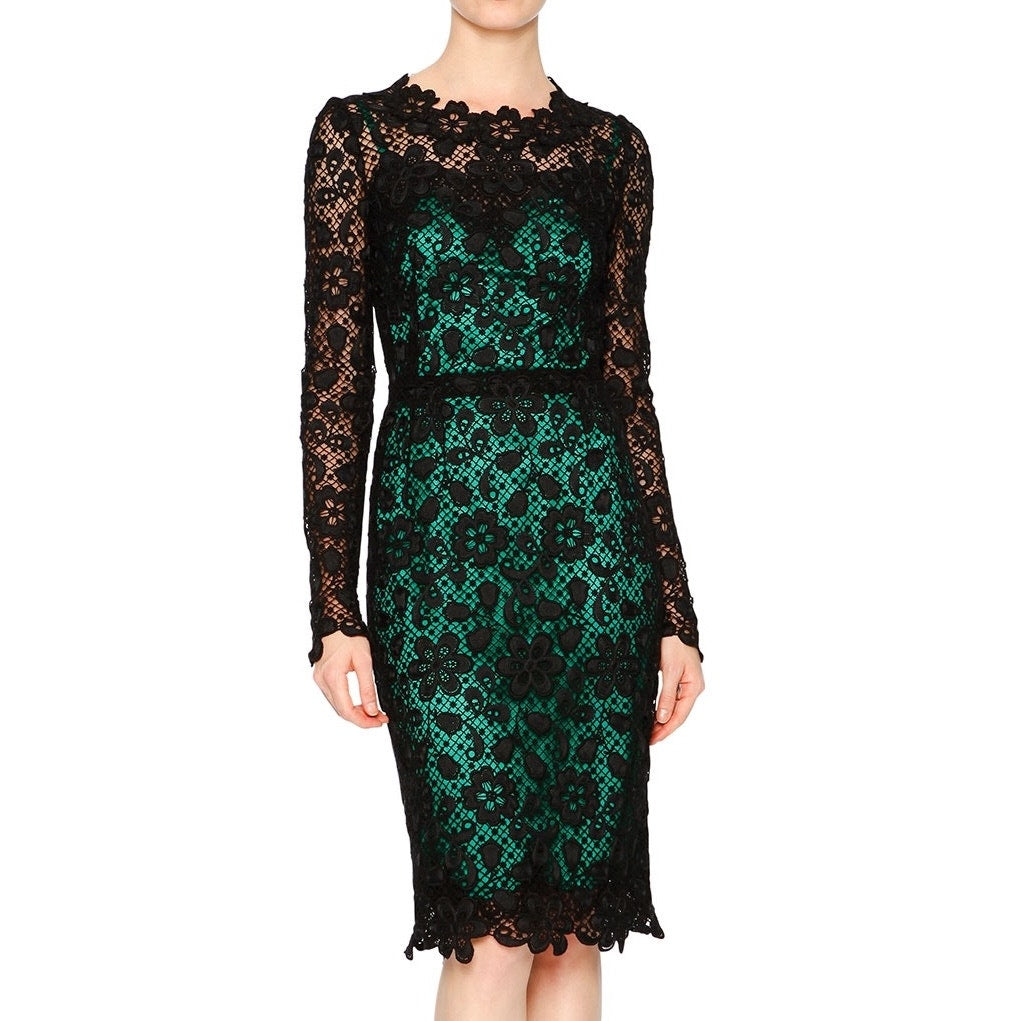 Dolce & Gabbana Black Green Long-Sleeve Lace Dress Contrast Slip