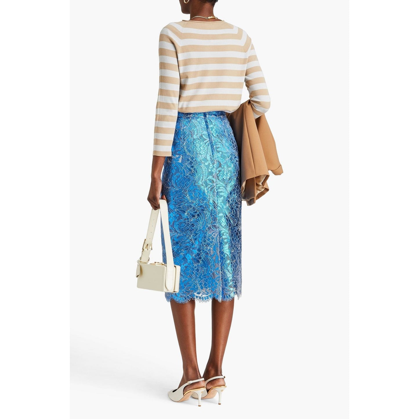 NWT Dolce & Gabbana Blue Metallic Coated Lace Pencil Skirt IT 38 US XS