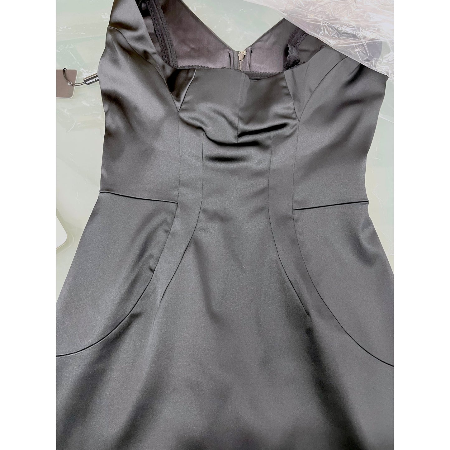 DOLCE & GABBANA Black Stretch Satin Sweetheart Bodycon Dress Midi 42 M