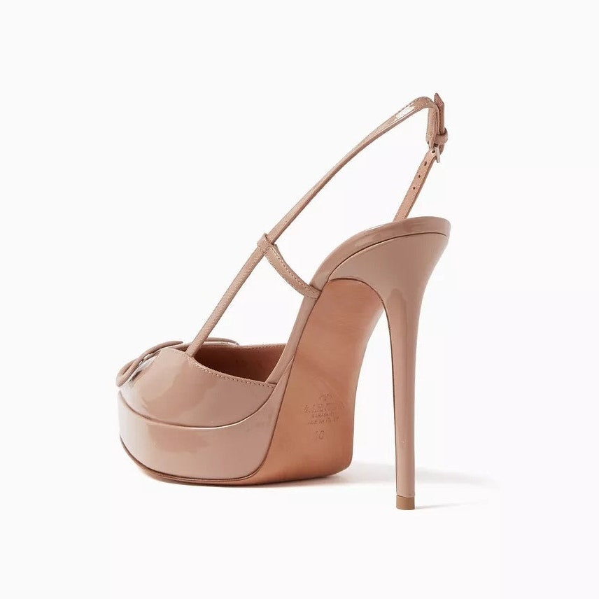 NIB Valentino Garavani Beige 120 Patent VLogo Slingback Platform Pumps 38