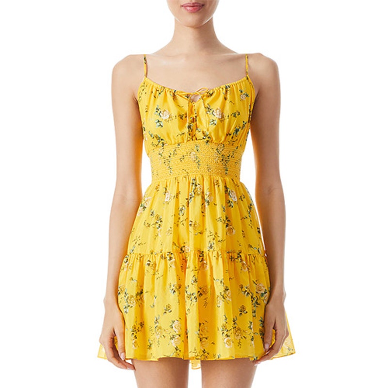 Alice + Olivia Lai Smocked Floral cotton Silk voile mini dress Yellow