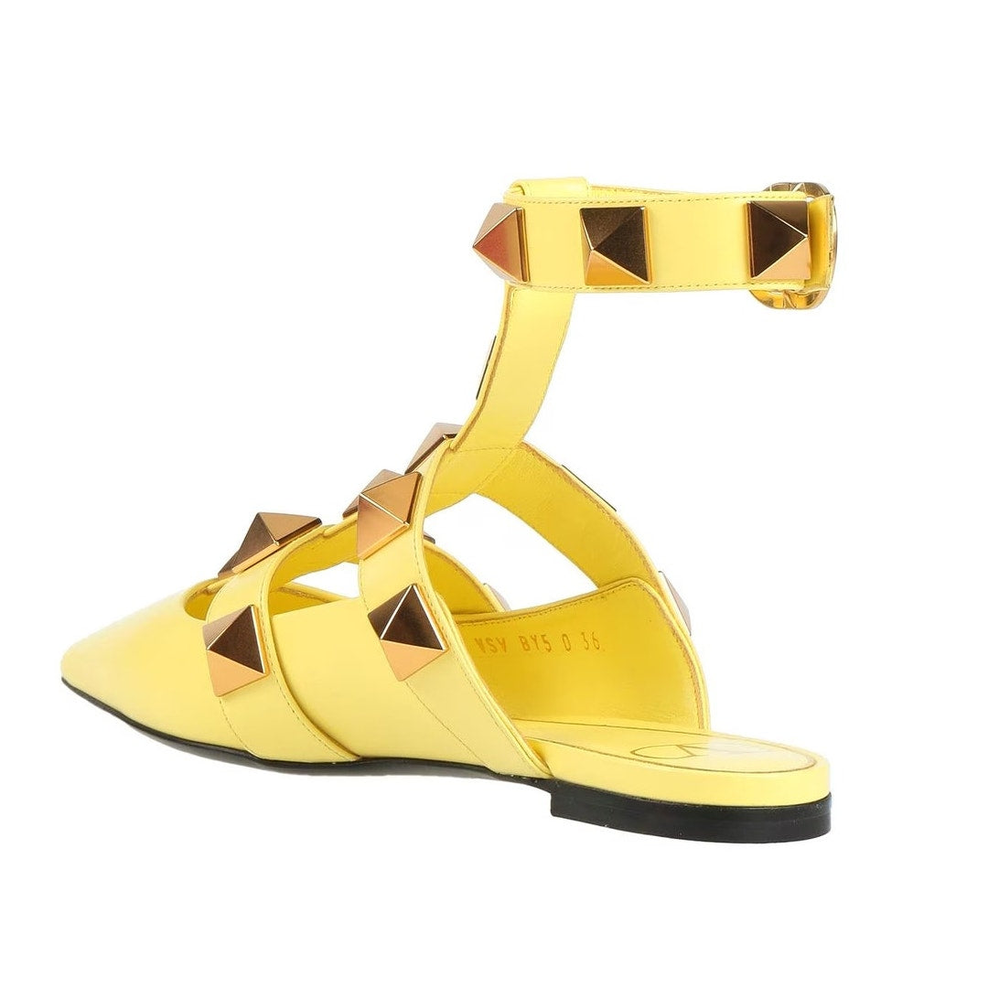 Valentino Garavani Yellow Roman Stud Ballerina Flat Ankle Strap 37