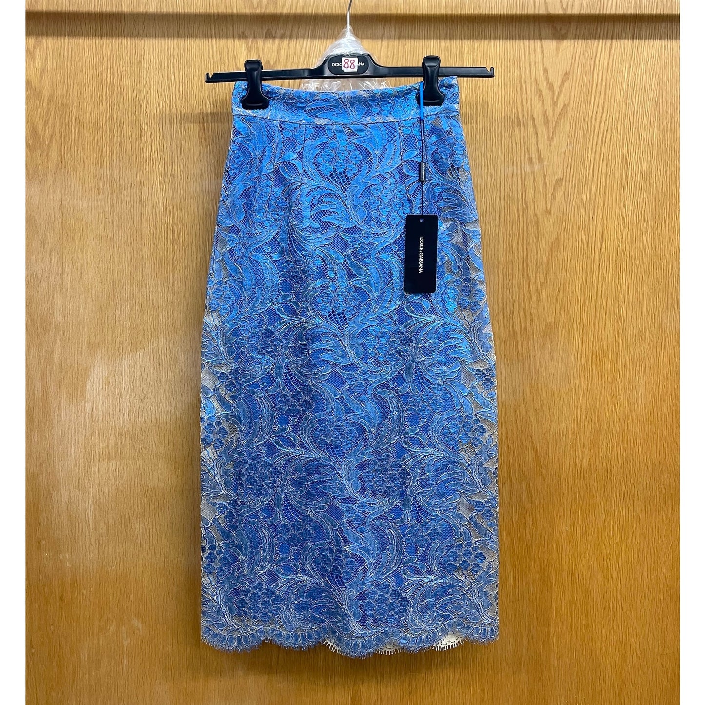 NWT Dolce & Gabbana Blue Metallic Coated Lace Pencil Skirt IT 38 US XS