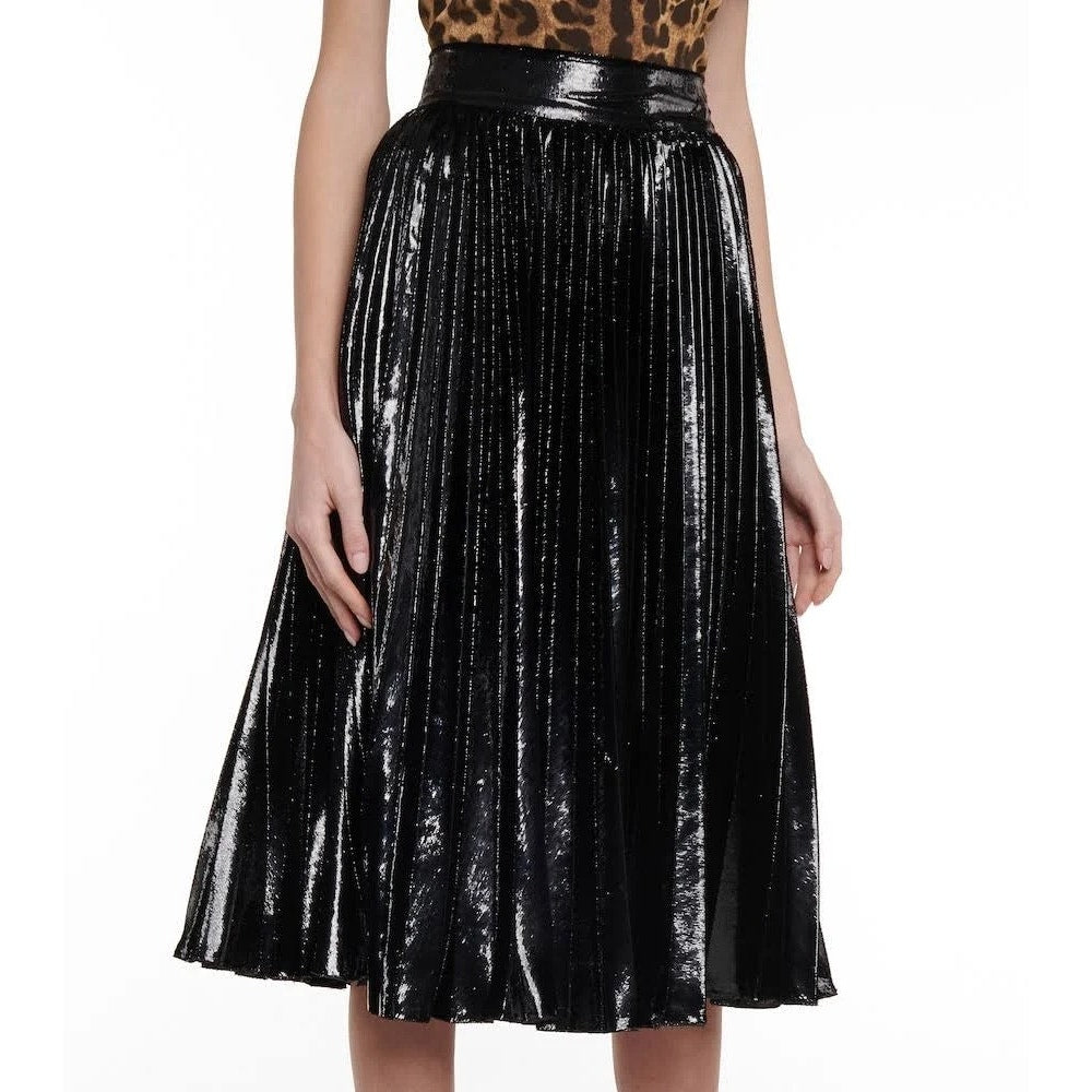 NWT Dolce & Gabbana Black Pleated Midi Skirt in Flowing Lamé Velvet  IT 38 US XS