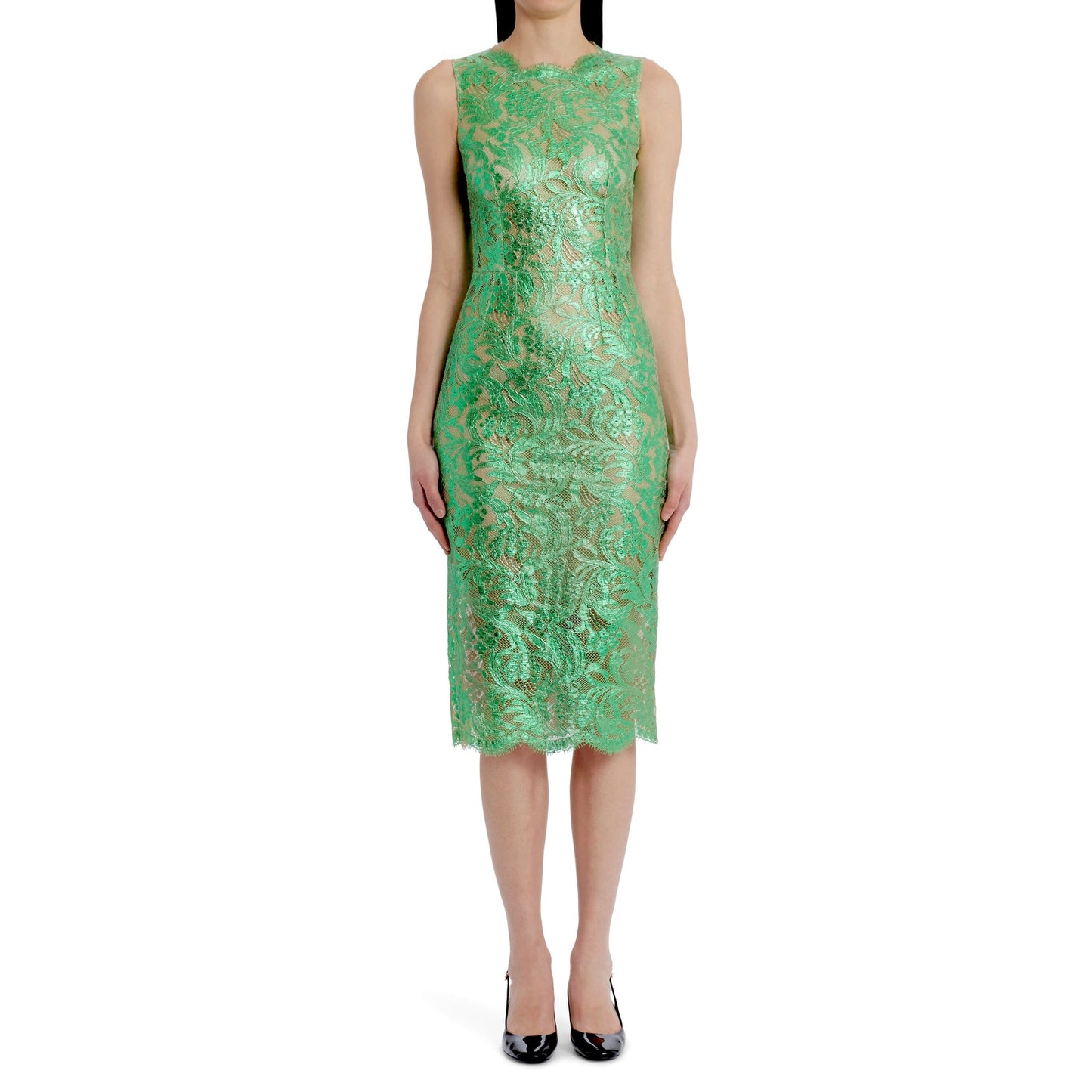 Dolce & Gabbana Semi Sheer Metallic Coated Corded lace Sleeveless Midi Dress 40 S