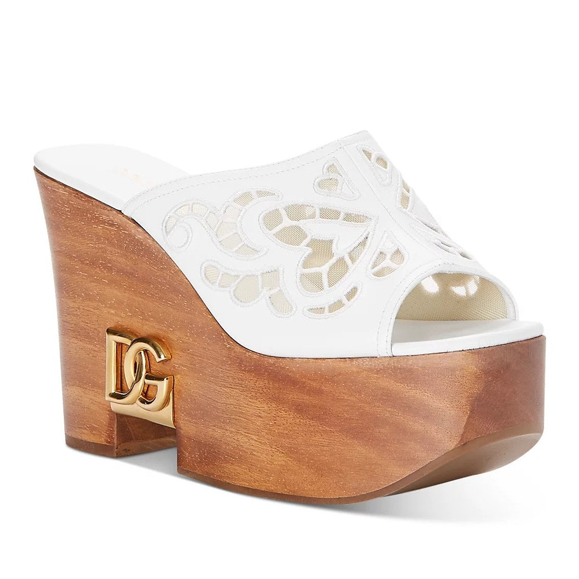 Dolce & Gabbana Leather Wood Clog Mules Wedge Slides White 35.5