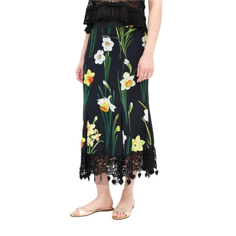 DOLCE & GABBANA Black Daffodil-print Cady Midi Skirt  IT 40 US S
