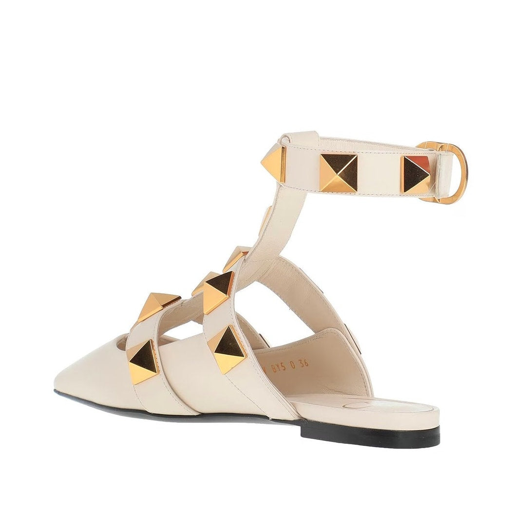 Valentino Garavani Lilac Roman Stud Flat Leather Ankle Strap Gold 35.5