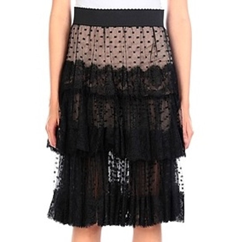 NWT Dolce & Gabbana Black Lace-trimmed Tiered Tulle Midi Skirt  IT 40 US S