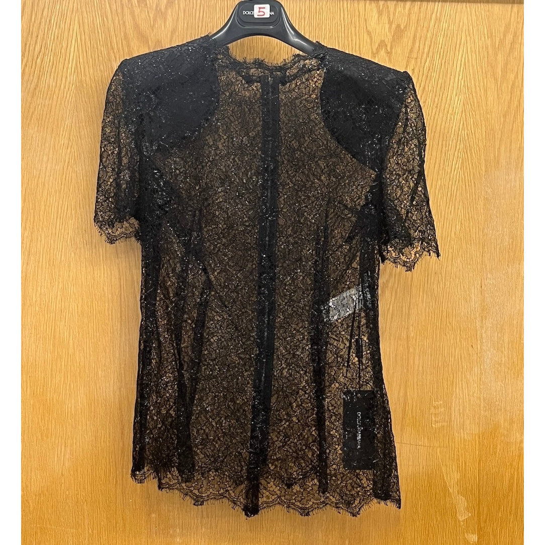 Dolce & Gabbana Black Short sleeve Lame Lace Top Blouse