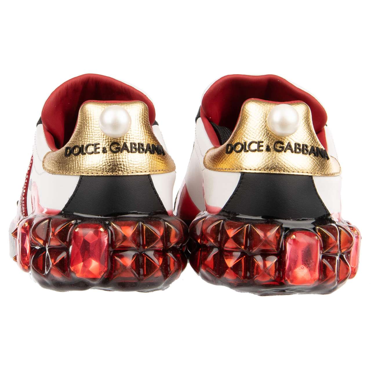 Dolce & Gabbana Portofino Calfskin Heart Rhinestone Sneakers White Red