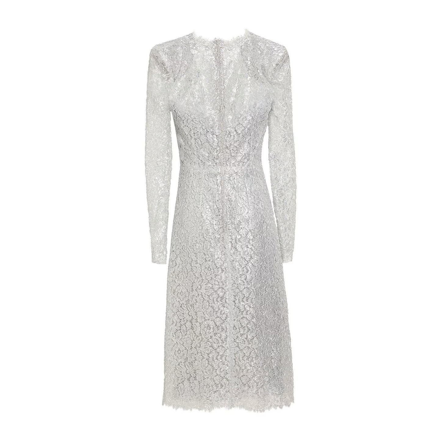 NWT DOLCE & GABBANA Cordonetto Lace Midi Dress Long Sleeves Silver 40 S