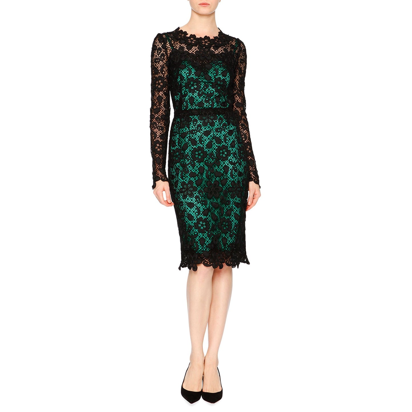 Dolce & Gabbana Black Green Long-Sleeve Lace Dress Contrast Slip