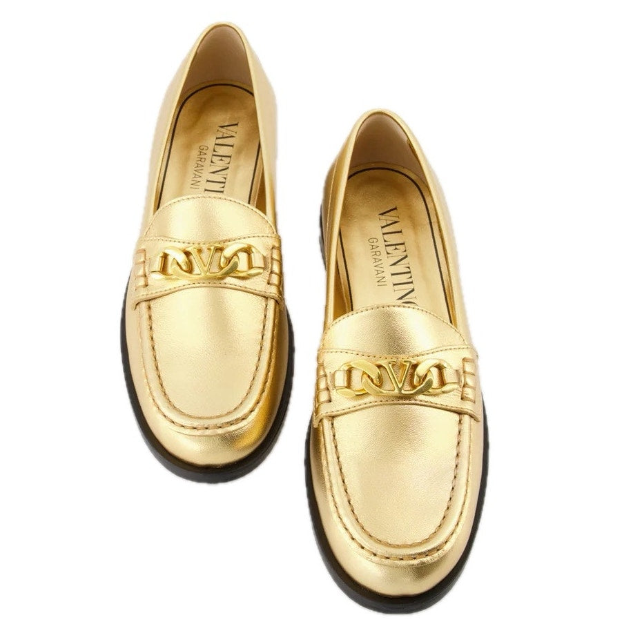 NIB Valentino Garavani  Vlogo Chain Metallic Napa Leather Loafers Gold 38.5