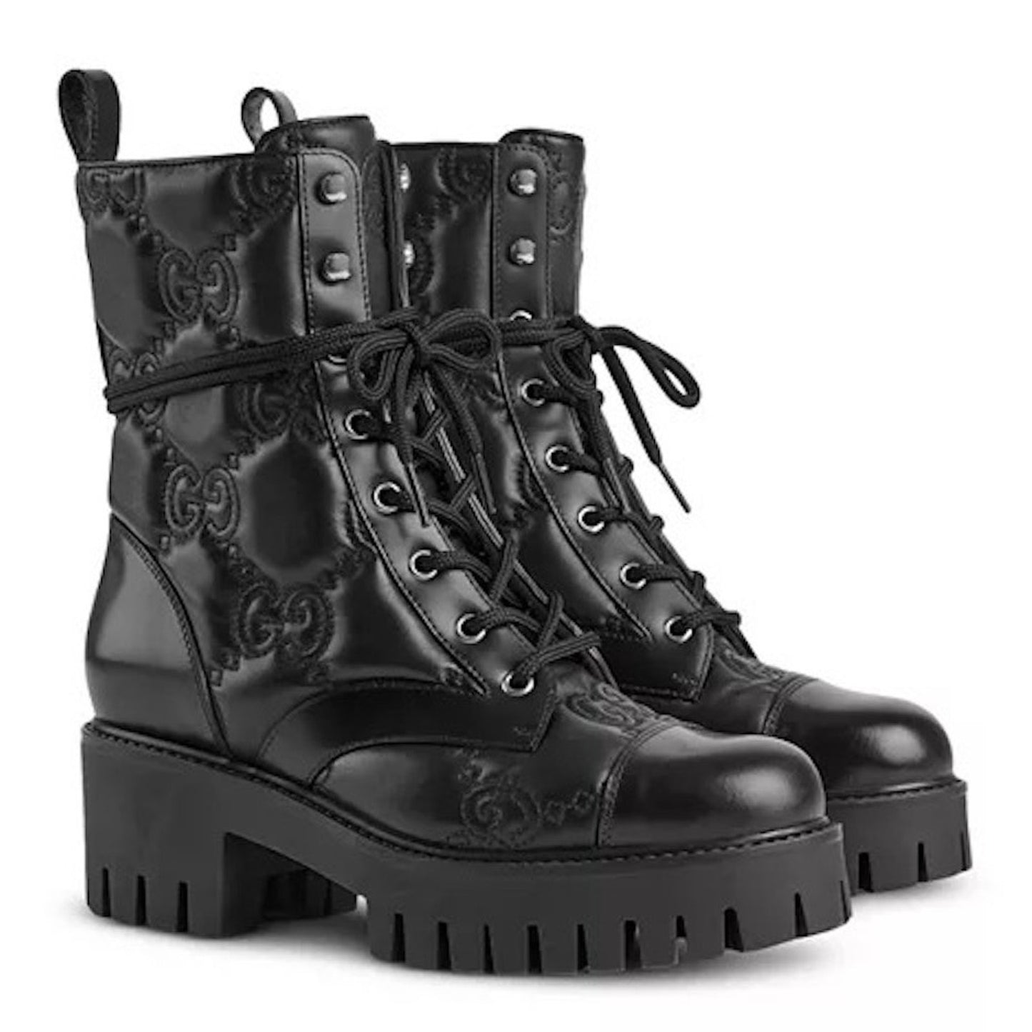 Gucci Women's GG Matelassé Leather Quilted Platform Combat Boots Black