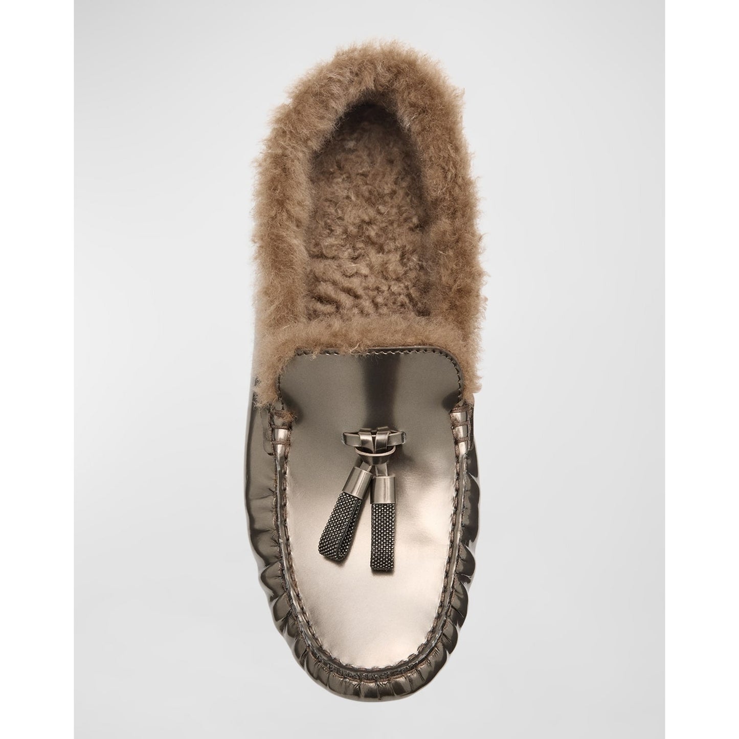 Brunello Cucinelli Monili-embellished Metallic Lamb Shearling Fur Driver Loafers