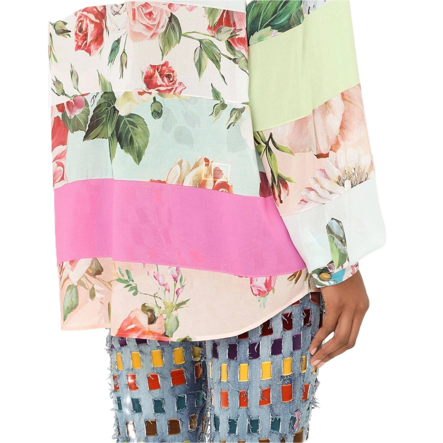 NWT Dolce & Gabbana Floral Patchwork Blouse Tie Collar Silk Shirt Pink IT 38 XS