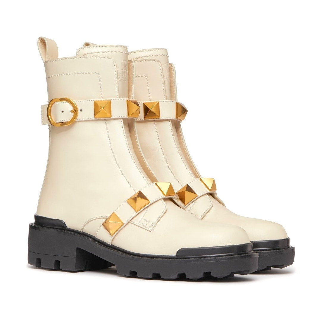 Valentino Garavani Roman Stud Ankle Boots in Calfskin 120mm Ivory Gold 36