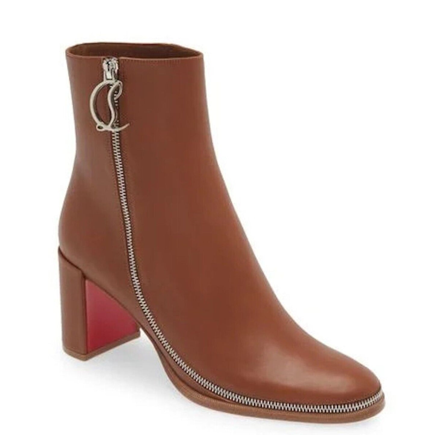 Christian Louboutin CL Zip Leather Ankle Boots Booties Brown 38.5