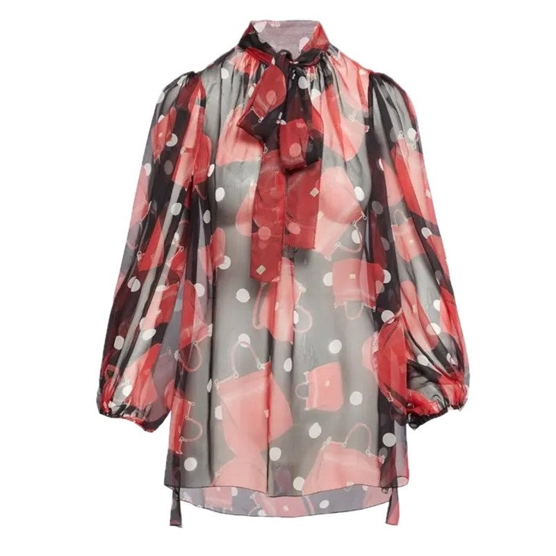 NWT Dolce & Gabbana Black Red Blouse bow neck silk blouse IT 42 US M