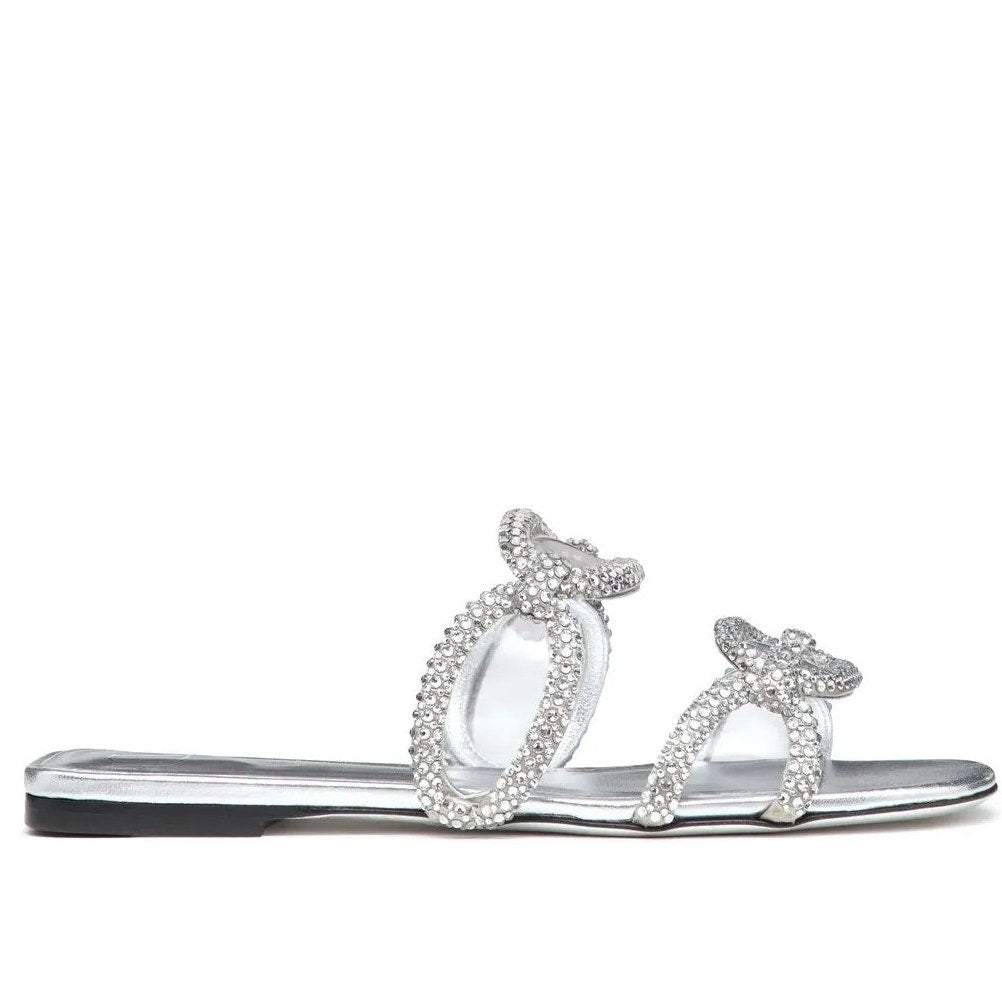 Valentino Garavani Silver Chain 1967 Crystal Slip On Slide Flat Sandal