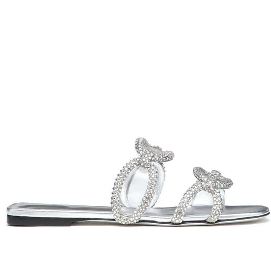 Valentino Garavani Silver Chain 1967 Crystal Slip On Slide Flat Sandal