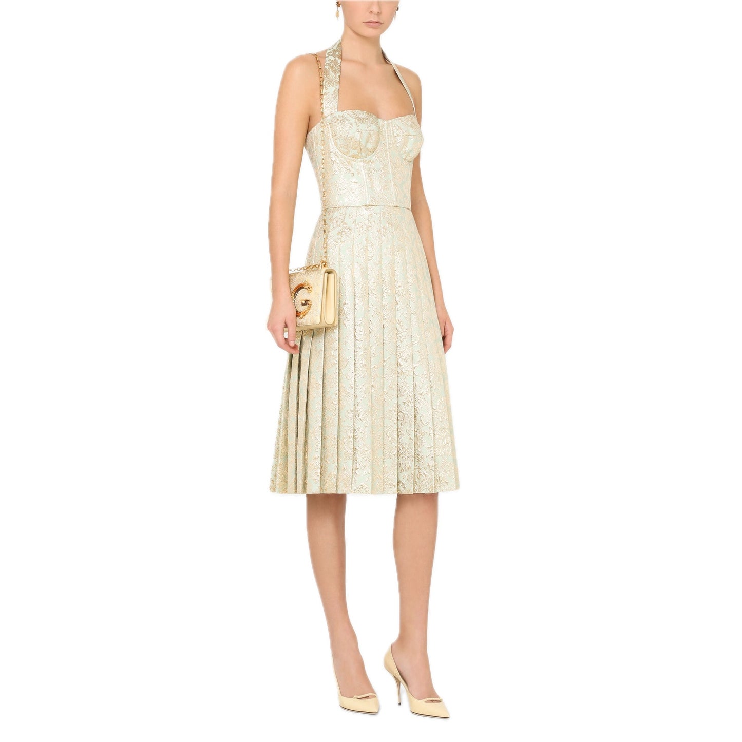 NWT DOLCE & GABBANA Gold Bustier Midi Pleated Dress Lame Jacquard  40 S