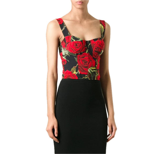 NWT Dolce & Gabbana Rose floral-print bodysuit Top Red Black IT 36 US XS