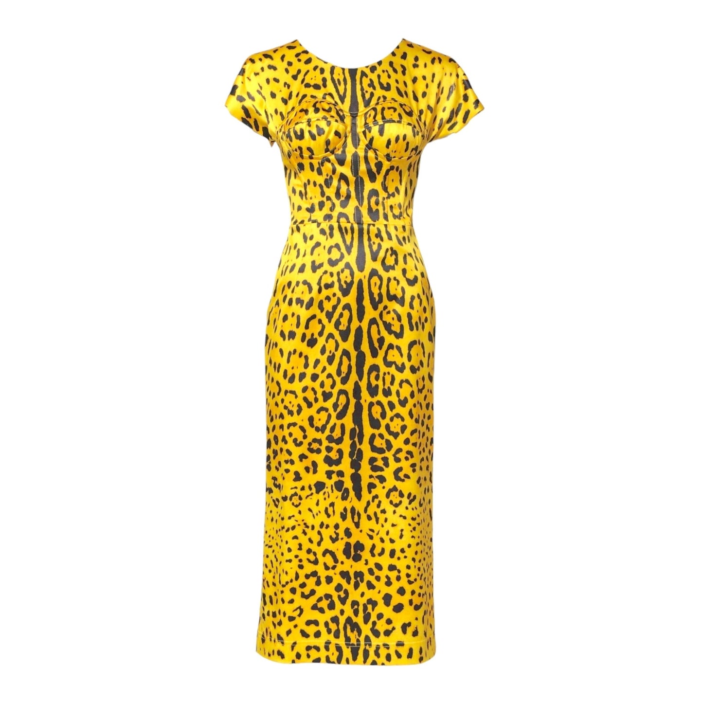 NWT Dolce & Gabbana Yellow Leopard-Print Midi Satin Dress 40 S