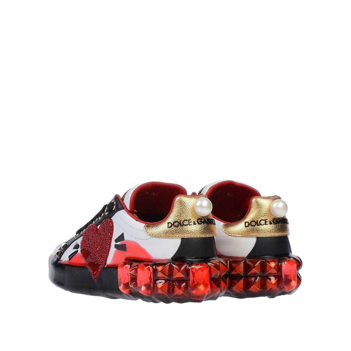 Dolce & Gabbana Portofino Calfskin Heart Rhinestone Sneakers White Red