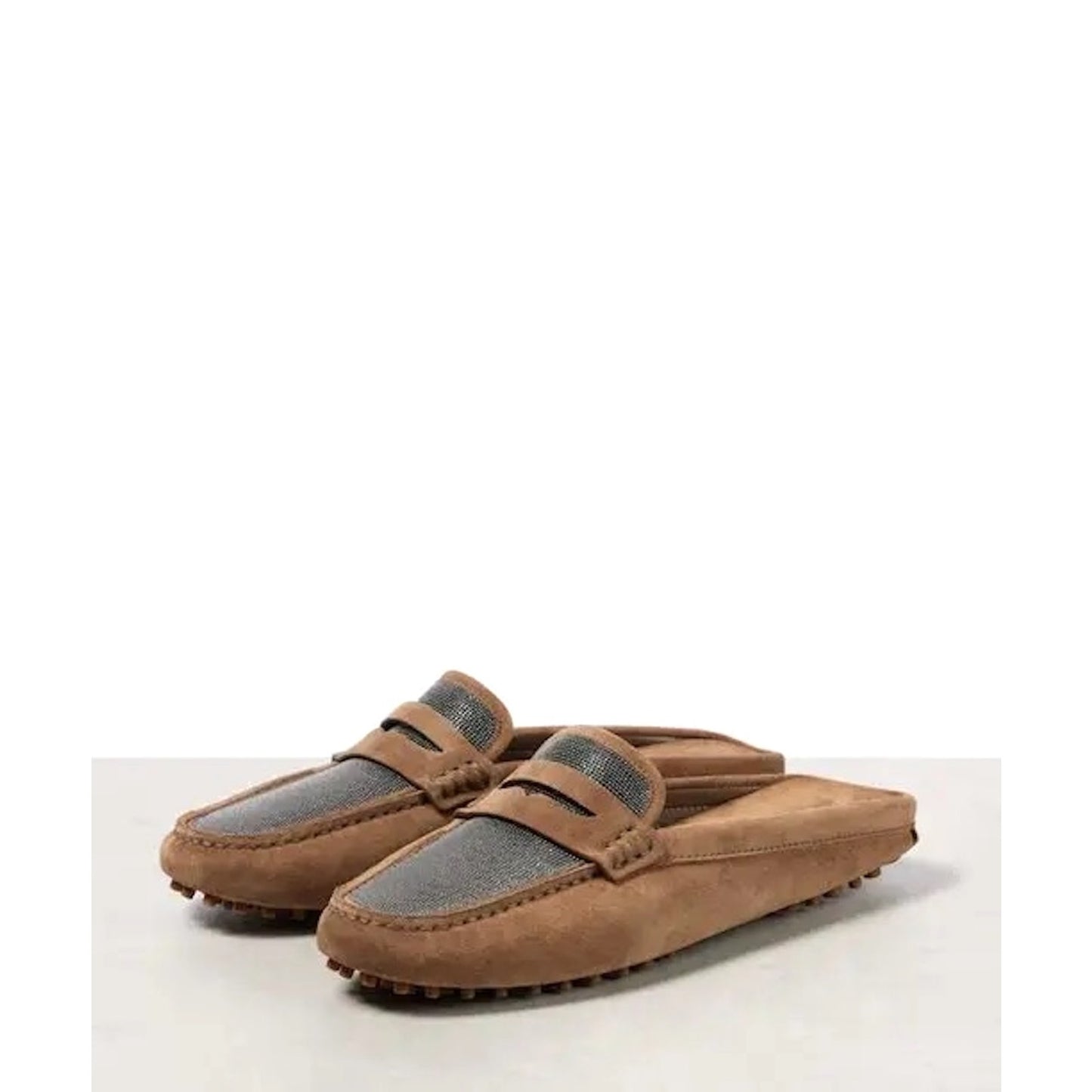 Brunello Cucinelli Monili Suede Driving Mules Brown