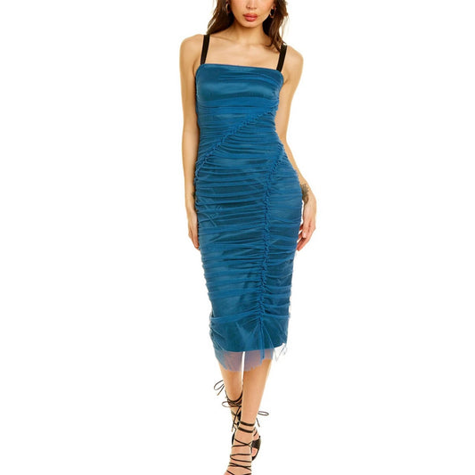 NWT Dolce & Gabbana Blue Tulle Ruched Mesh Bodycon Midi Dress 44 L