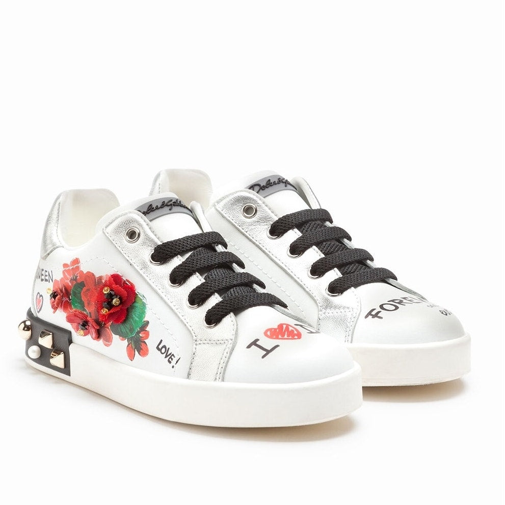 Dolce & Gabbana Portofino Leather Sneakers Geranium studs