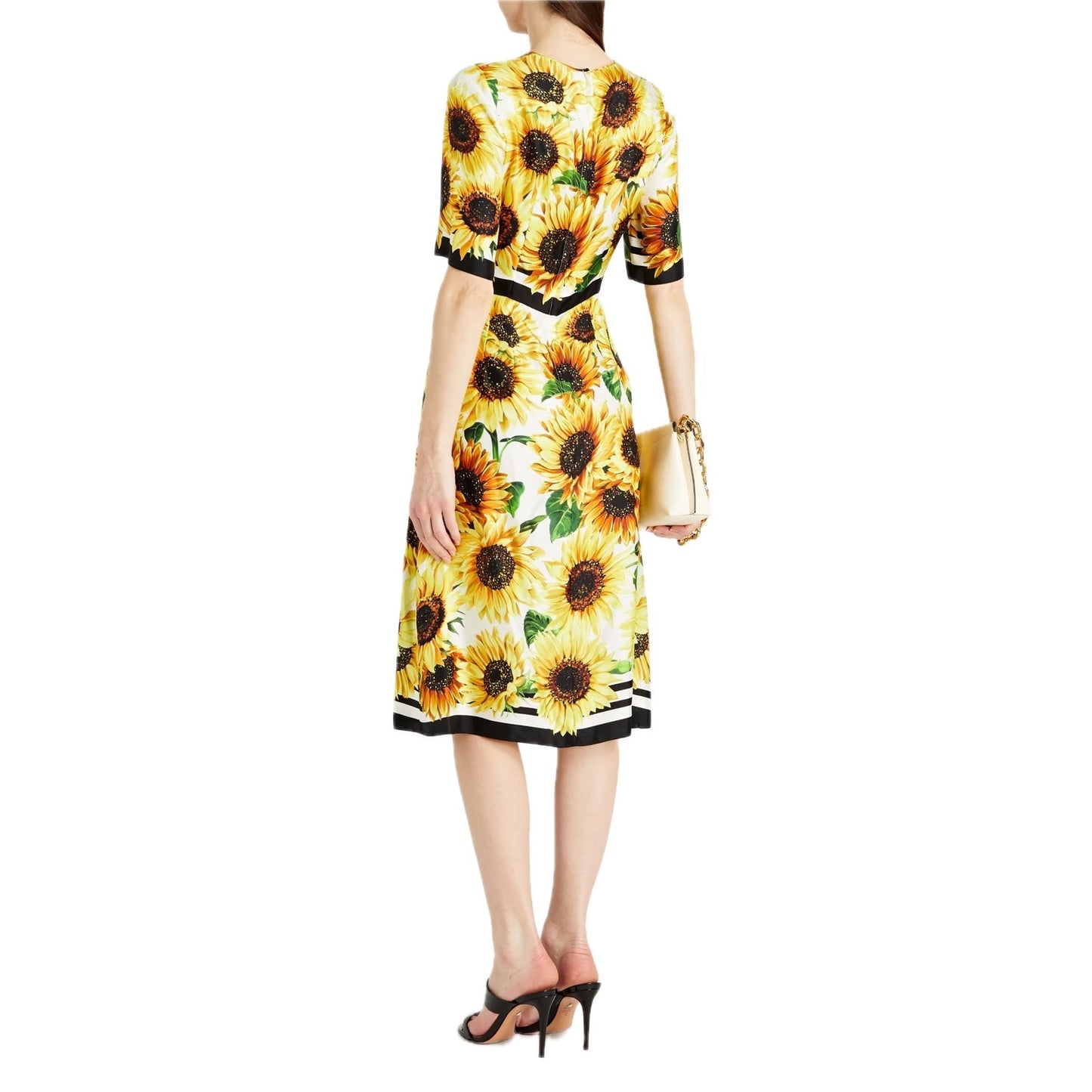 NWT Dolce & Gabbana Yellow Sunflower Floral Print Silk Twill Midi Dress IT 40 S