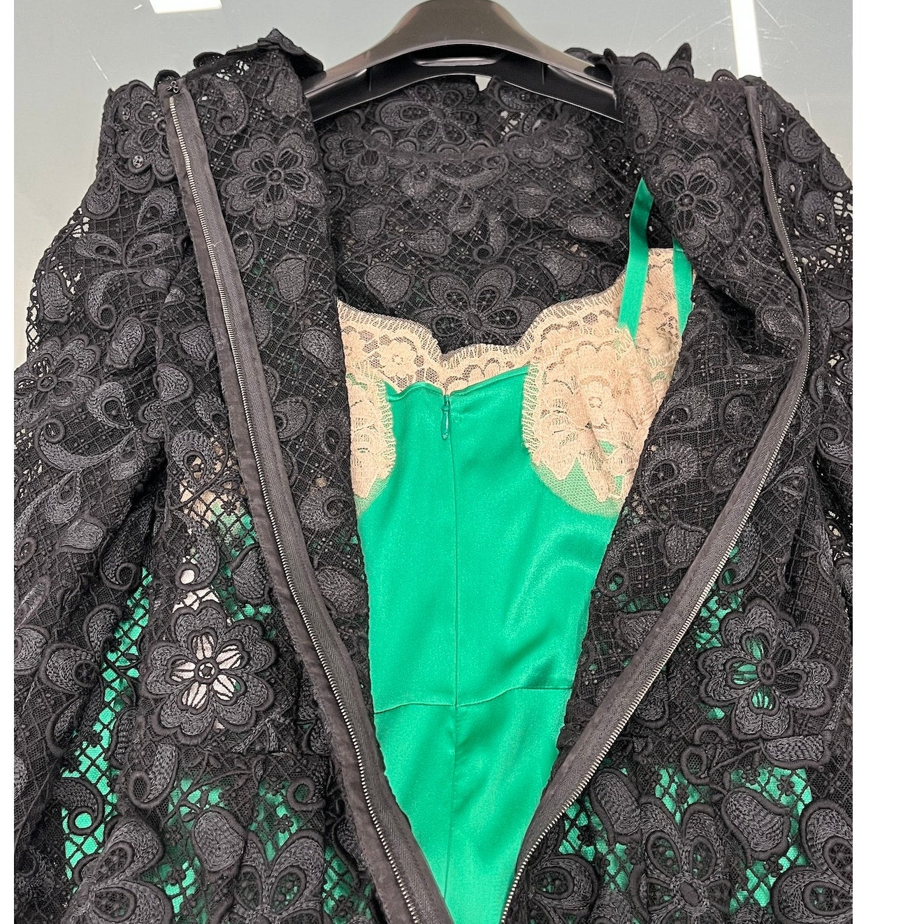 Dolce & Gabbana Black Green Long-Sleeve Lace Dress Contrast Slip