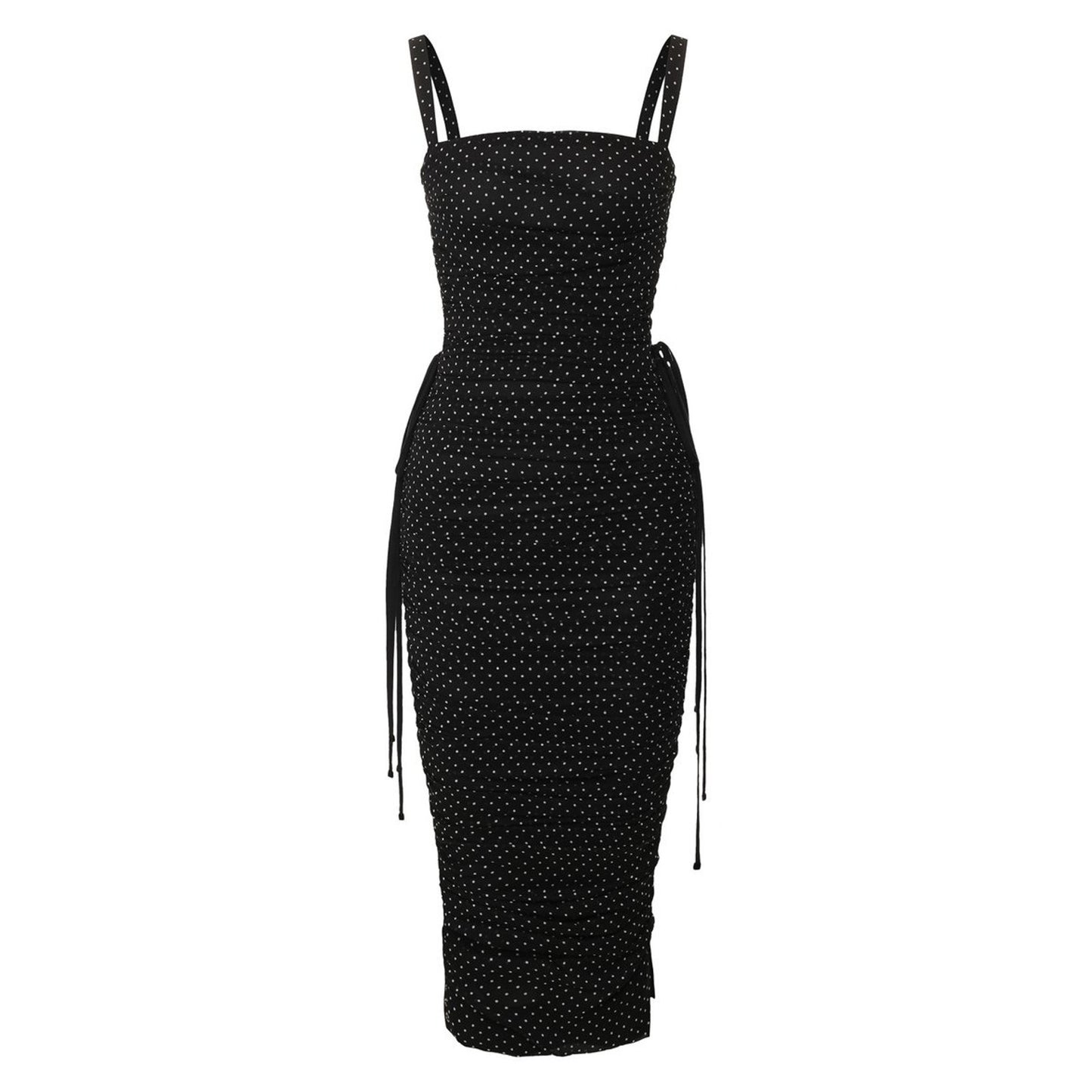 Dolce & Gabbana Black Lace-up Polka Dot Georgette Midi Dress