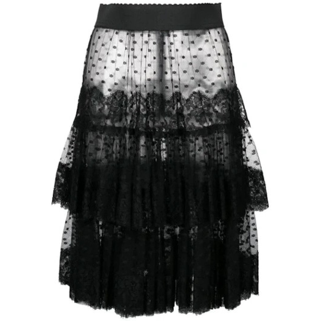 NWT Dolce & Gabbana Black Lace-trimmed Tiered Tulle Midi Skirt  IT 40 US S